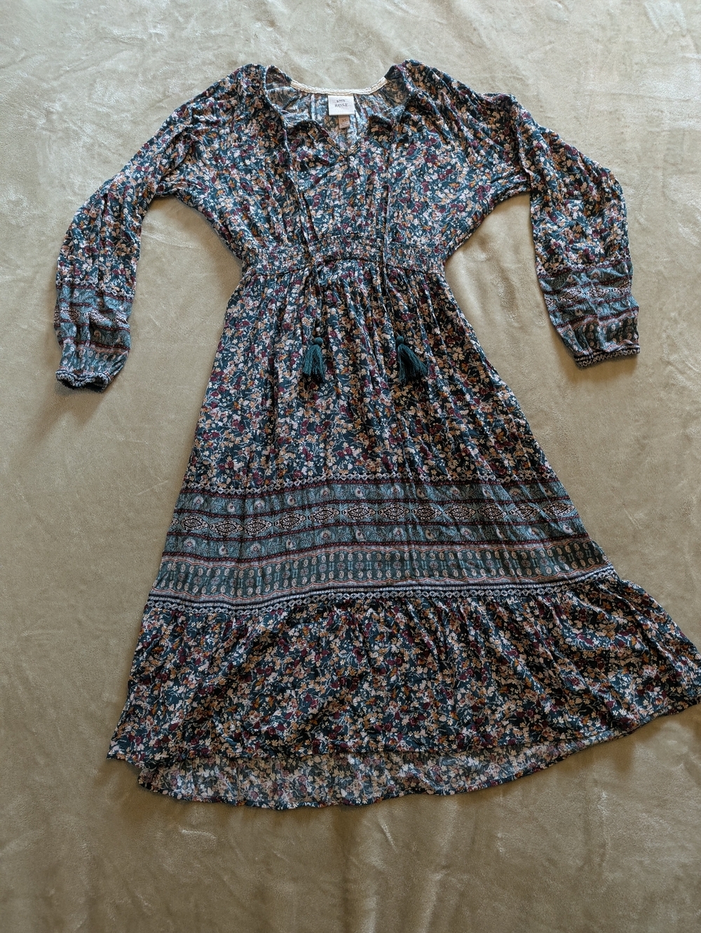Knox Rose Teal Floral Tiered Boho Maxi Dress With Tassels